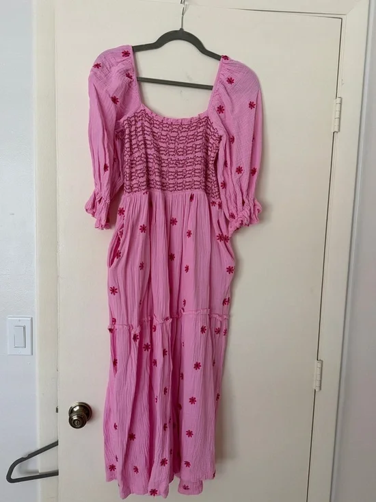 Pink Smocked Maxi Dress with Puff Sleeves - Picture 8 of 9